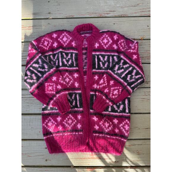 Vintage mohair-blend cardigan Fair Isle magenta black open front hand knitted - Picture 2 of 11